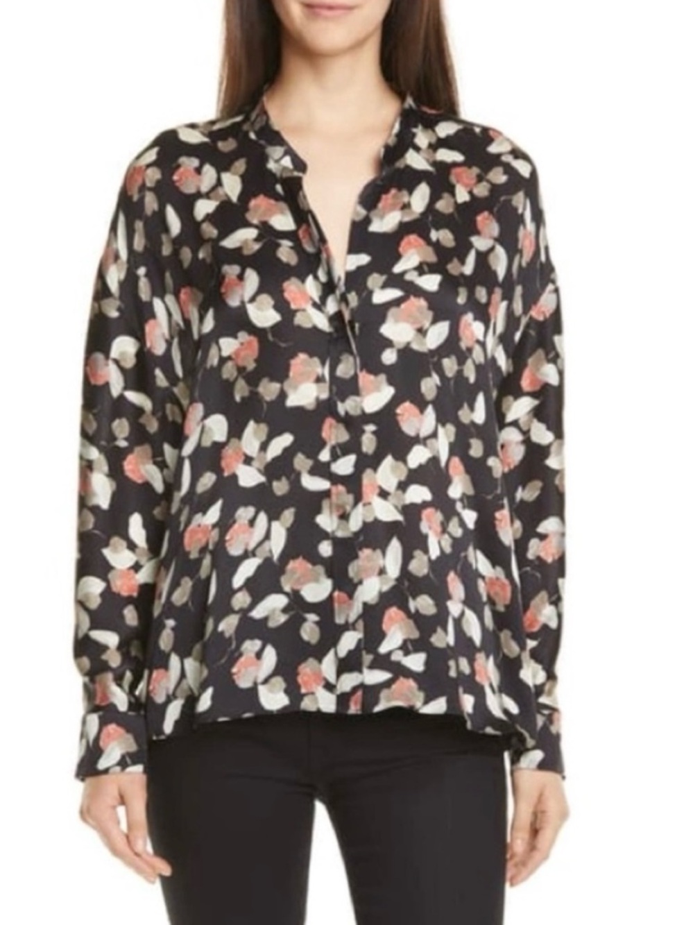 Vince Top Blouse 100% Silk Floral Women Long Sleeve XXS Black Multi‎